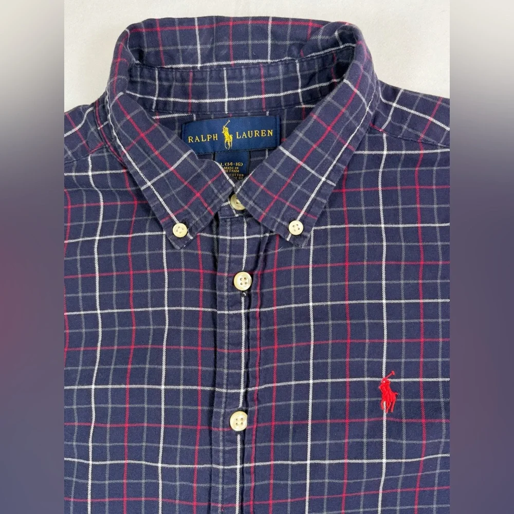 RALPH LAUREN Kids Boy’s 100% Cotton Purple Tartan Plaid Casual Button Down Large